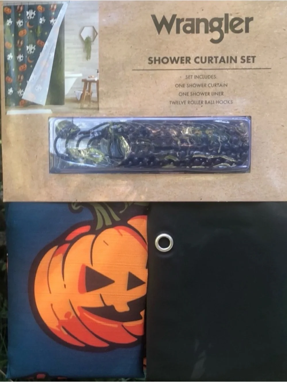 NEW Wrangler BLUE Fabric HALLOWEEN GHOST PUMPKIN CACTUS BOOT Shower Curtain Set